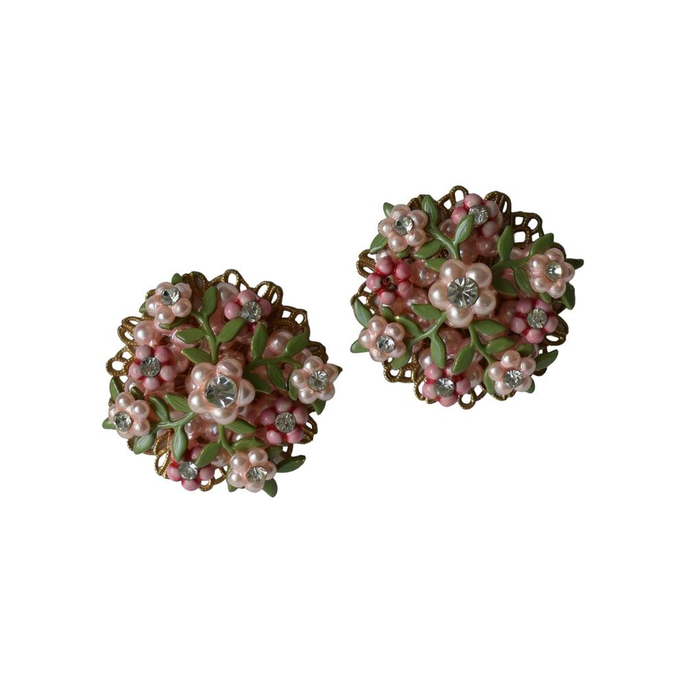 1950s Gold Plate Pink Green Enamel White Rhinestone Floral Cluster Clip Earrings